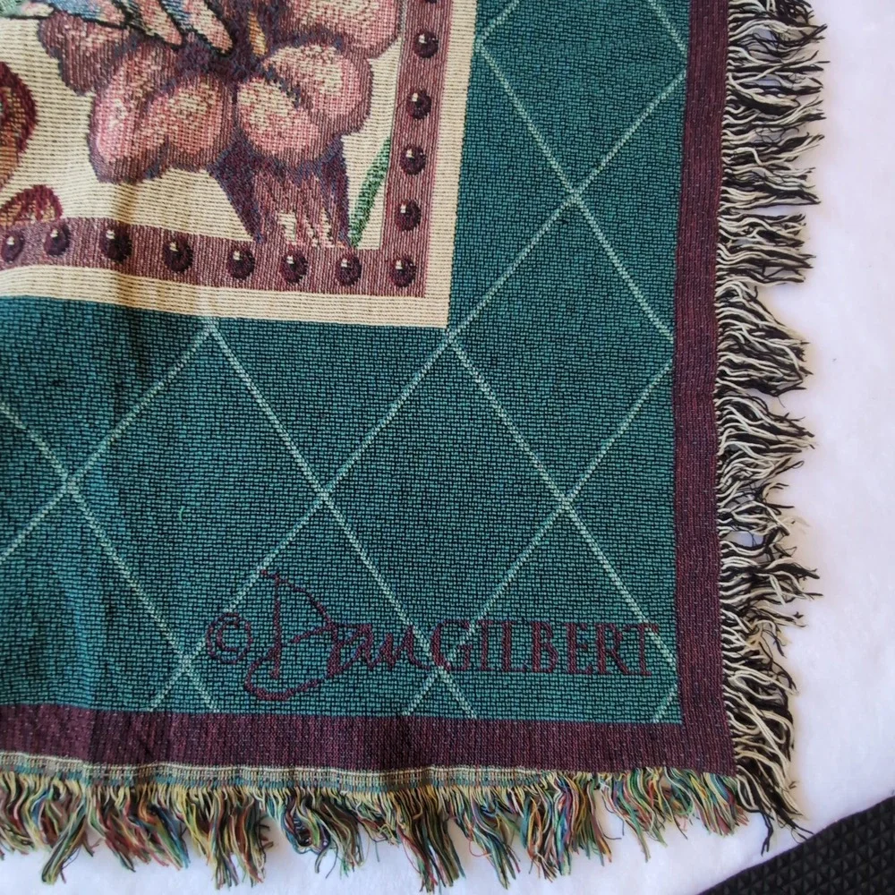 Dan Gilbert Hummingbird Tapestry Throw Blanket Teal Floral Fringe Cottagecore